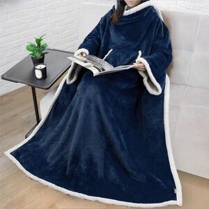 PAVILIA Premium Fleece Blanket with Sleeves, Navy Blue
